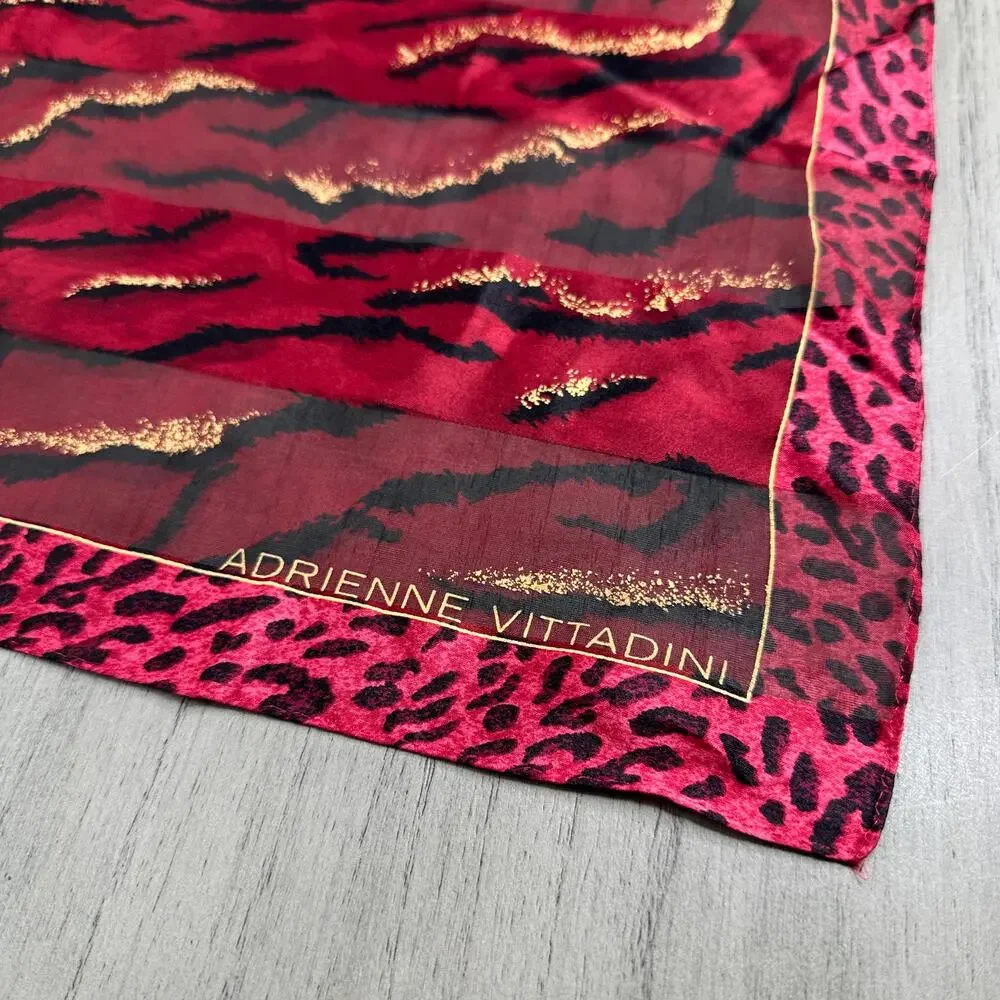 Adrienne Vittadini Red Animal Print Silk Scarf Tiger Cheetah Leopard 21